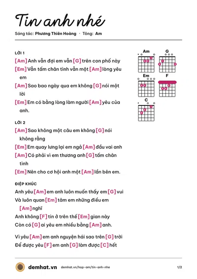 Hợp âm Tin anh nhé (Phương Thiên Hoàng) – bản nhạc PDF trang 1, tông Am