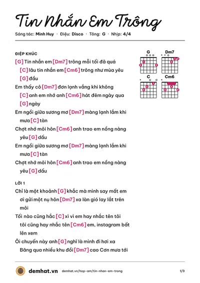 Hợp âm Tin Nhắn Em Trông (Minh Huy) – bản nhạc PDF trang 1, tông G