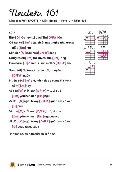 Hợp âm Tinder. 101 (7UPPERCUTS) – bản nhạc PDF trang 1, tông G