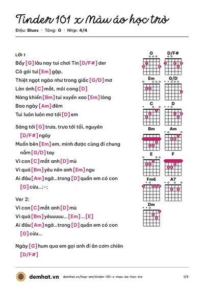 Hợp âm Tinder 101 x Màu áo học trò – bản nhạc PDF trang 1, tông G