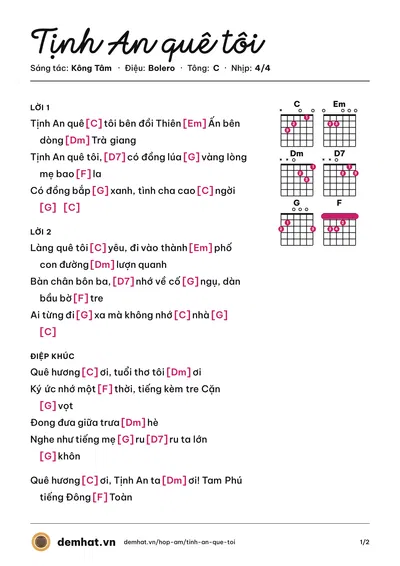Hợp âm Tịnh An quê tôi (Kông Tâm) – bản nhạc PDF trang 1, tông C