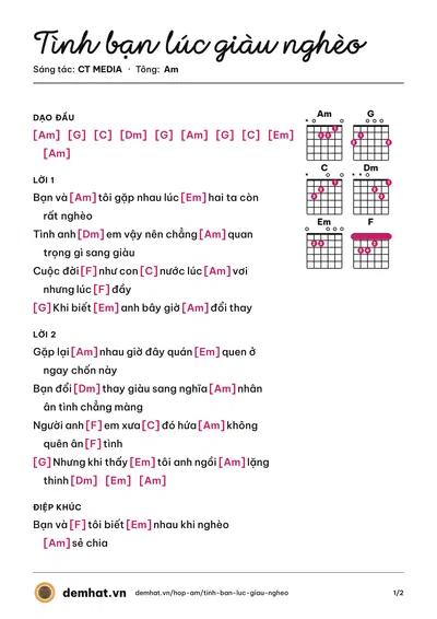 Hợp âm Tình bạn lúc giàu nghèo (Ngọc Ánh Sáng) – bản nhạc PDF trang 1, tông Am