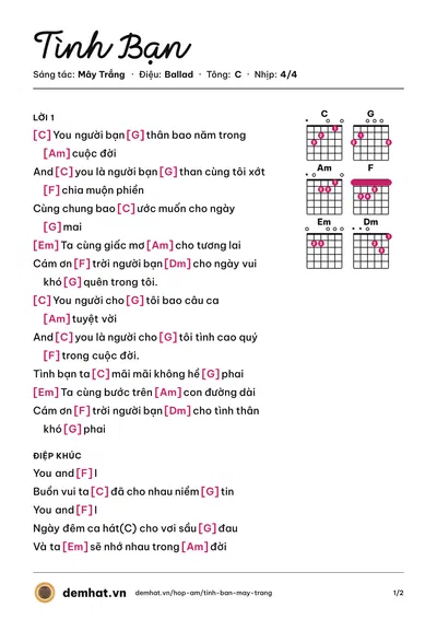 Hợp âm Tình Bạn (Mây Trắng) – bản nhạc PDF trang 1, tông C