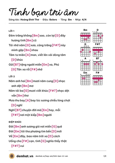 Hợp âm Tình bạn tri âm (Hoàng Đình Thơ) – bản nhạc PDF trang 1, tông Bm