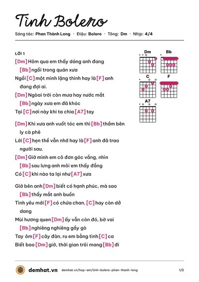 Hợp âm Tình Bolero (Trương Lynh) – bản nhạc PDF trang 1, tông Dm