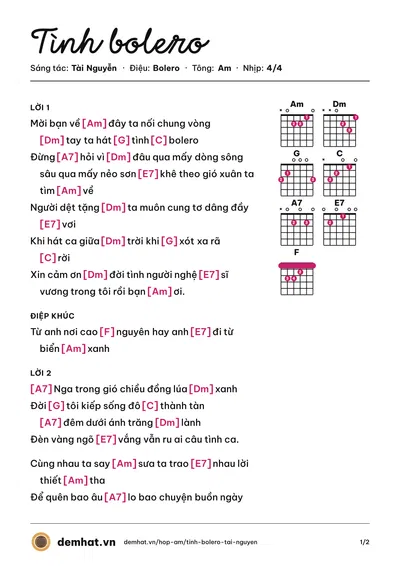 Hợp âm Tình bolero (Tài Nguyễn) – bản nhạc PDF trang 1, tông Am