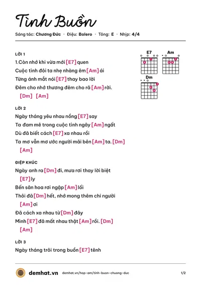 Hợp âm Tình Buồn (Minh Tuyết) – bản nhạc PDF trang 1, tông E