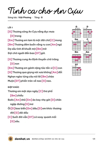 Hợp âm Tình ca cho An Cựu (Nguyễn Quang) – bản nhạc PDF trang 1, tông G