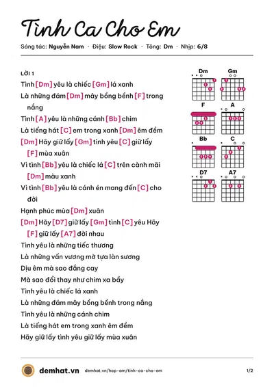 Hợp âm Tình Ca Cho Em (Như Quỳnh) – bản nhạc PDF trang 1, tông Dm