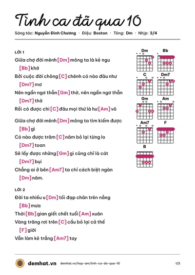 Hợp âm Tình ca đã qua 10 (Nguyễn Đình Chương) – bản nhạc PDF trang 1, tông Dm