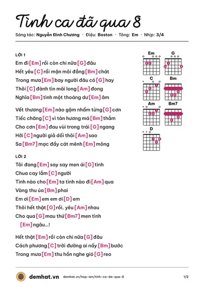 Hợp âm Tình ca đã qua 8 (Nguyễn Đình Chương) – bản nhạc PDF trang 1, tông Em