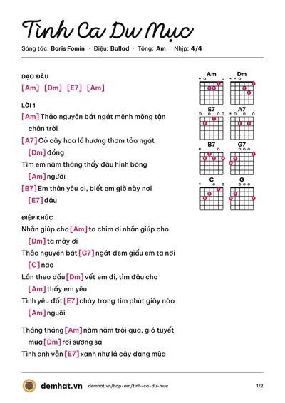 Hợp âm Tình Ca Du Mục (Kiều Nga) – bản nhạc PDF trang 1, tông Am