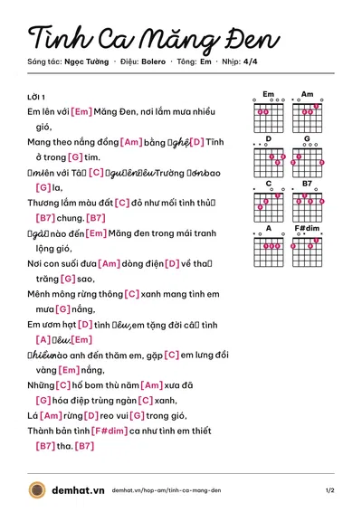 Hợp âm Tình Ca Măng Đen (Bích Hồng) – bản nhạc PDF trang 1, tông Em