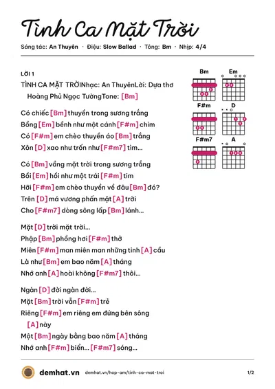 Hợp âm Tình Ca Mặt Trời (Tân Nhàn) – bản nhạc PDF trang 1, tông Bm