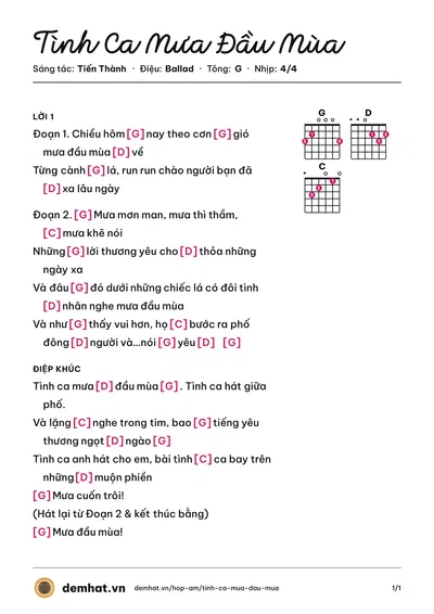 Hợp âm Tình Ca Mưa Đầu Mùa (Tiến Thành) – bản nhạc PDF trang 1, tông G
