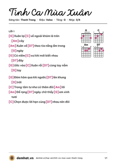 Hợp âm Tình Ca Mùa Xuân (Hồng Tước) – bản nhạc PDF trang 1, tông G