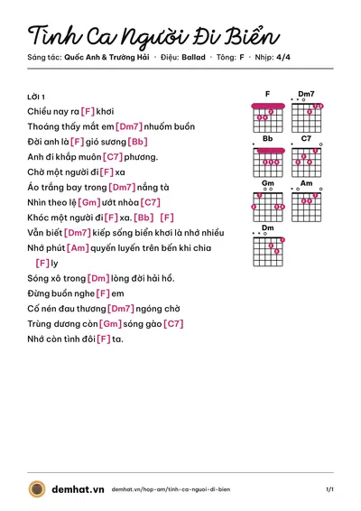 Hợp âm Tình Ca Người Đi Biển (Quốc Anh) – bản nhạc PDF trang 1, tông F