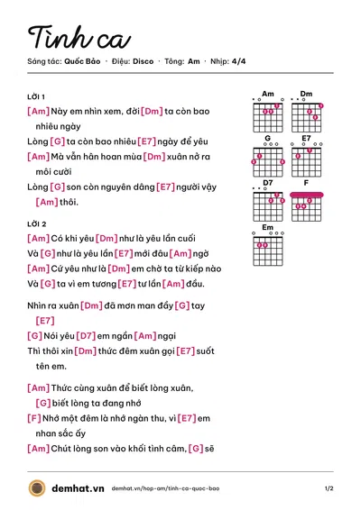 Hợp âm Tình ca (Trần Thu Hà) – bản nhạc PDF trang 1, tông Am