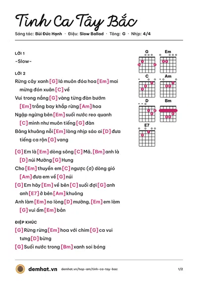Hợp âm Tình Ca Tây Bắc (Thu Hiền) – bản nhạc PDF trang 1, tông G
