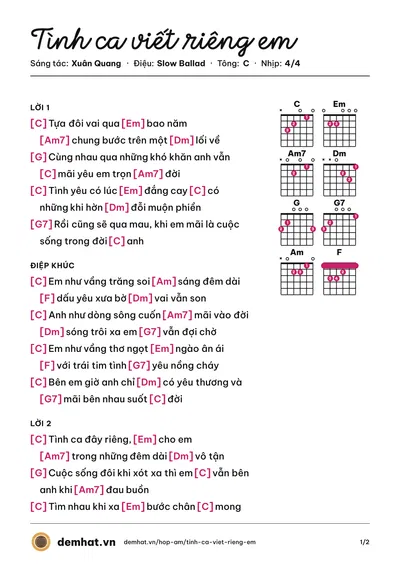 Hợp âm Tình ca viết riêng em (Xuân Quang) – bản nhạc PDF trang 1, tông C