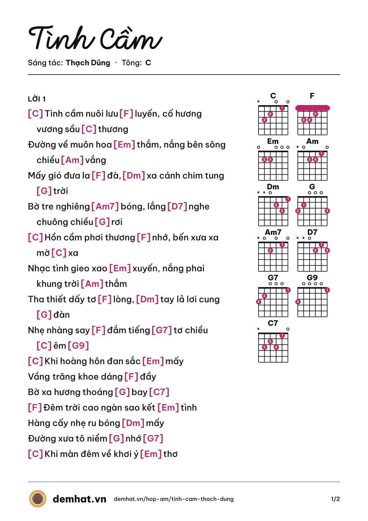 Hợp âm Tình Cầm (Trọng Khải) – bản nhạc PDF trang 1, tông C