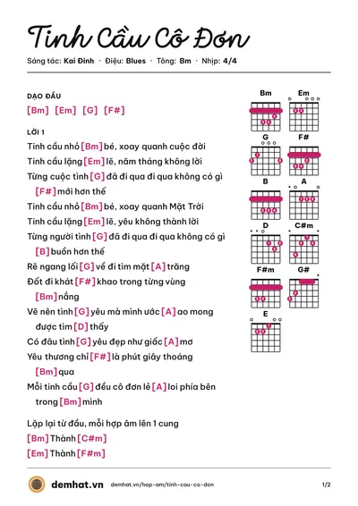 Hợp âm Tinh Cầu Cô Đơn (Kai Đinh) – bản nhạc PDF trang 1, tông Bm