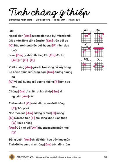 Hợp âm Tình chàng ý thiếp (Minh Tâm) – bản nhạc PDF trang 1, tông Am