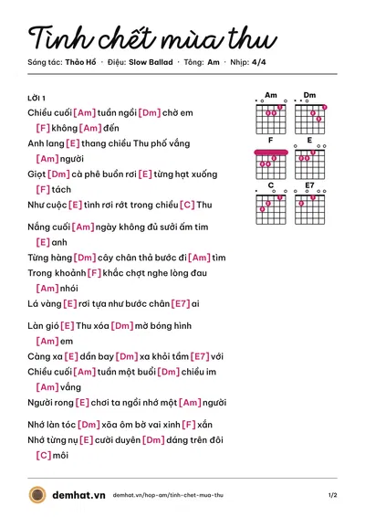 Hợp âm Tình chết mùa thu (Phương Thùy) – bản nhạc PDF trang 1, tông Am
