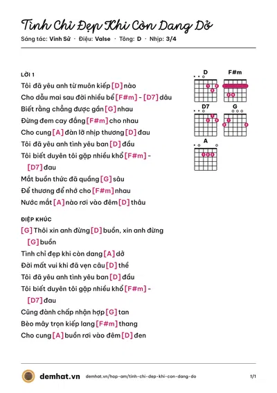 Hợp âm Tình Chỉ Đẹp Khi Còn Dang Dở (Trường Vũ) – bản nhạc PDF trang 1, tông D