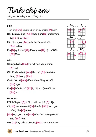 Hợp âm Tình chị em (Lê Hồng Phúc) – bản nhạc PDF trang 1, tông Em