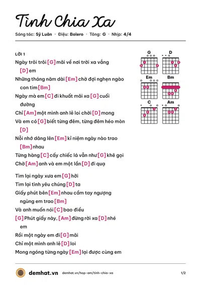 Hợp âm Tình Chia Xa (Tùng Lâm) – bản nhạc PDF trang 1, tông G