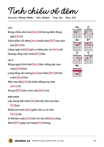 Hợp âm Tình chiều về đêm (Ka Tiên) – bản nhạc PDF trang 1, tông Em