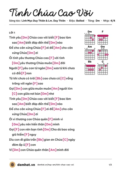 Hợp âm Tình Chúa Cao Vời (Phan Đinh Tùng) – bản nhạc PDF trang 1, tông Dm