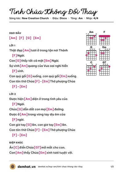 Hợp âm Tình Chúa Không Đổi Thay (Quân Keyboard) – bản nhạc PDF trang 1, tông Am