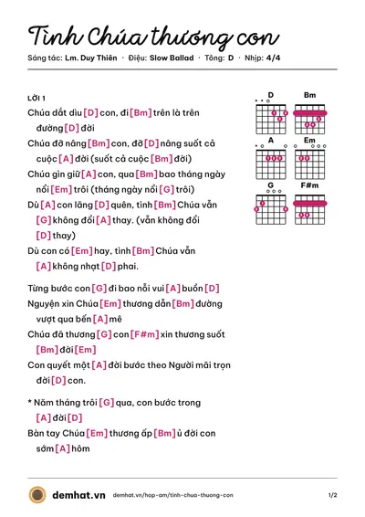 Hợp âm Tình Chúa thương con (Tam Ca Áo Trắng) – bản nhạc PDF trang 1, tông D