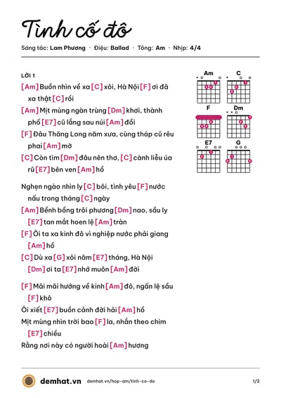 Hợp âm Tình cố đô (Hồng Trúc) – bản nhạc PDF trang 1, tông Am