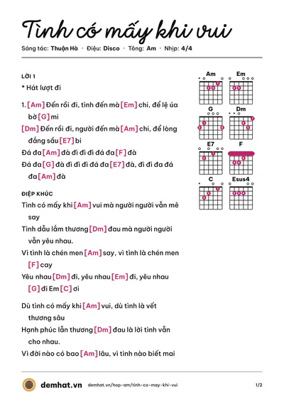 Hợp âm Tình có mấy khi vui (Hạ Vy) – bản nhạc PDF trang 1, tông Am