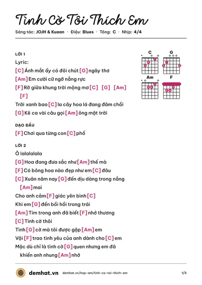 Hợp âm Tình Cờ Tôi Thích Em (JOJH) – bản nhạc PDF trang 1, tông C