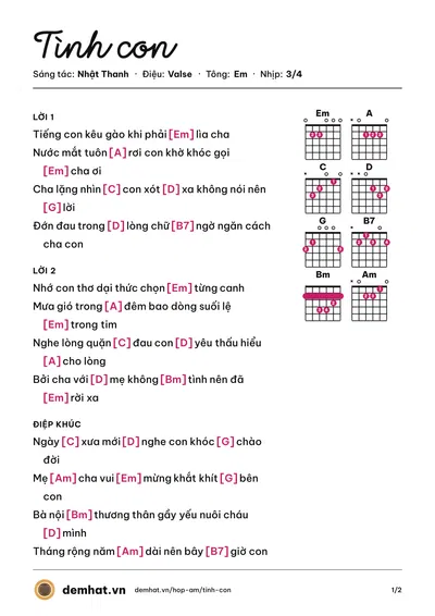 Hợp âm Tình con (Duy Tân) – bản nhạc PDF trang 1, tông Em