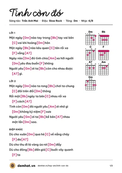 Hợp âm Tình còn đó (Trần Anh Mai) – bản nhạc PDF trang 1, tông Dm