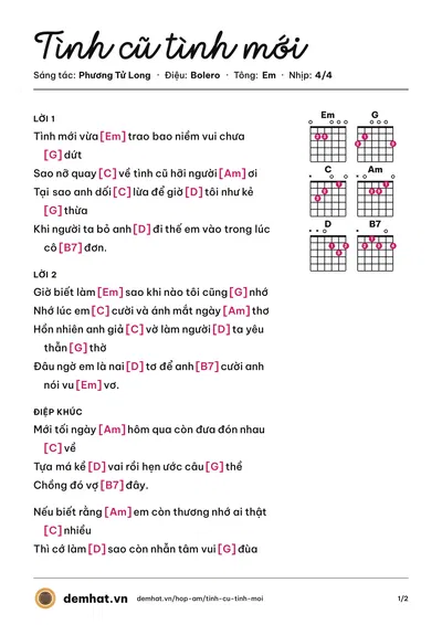 Hợp âm Tình cũ tình mới (Phương Tử Long) – bản nhạc PDF trang 1, tông Em