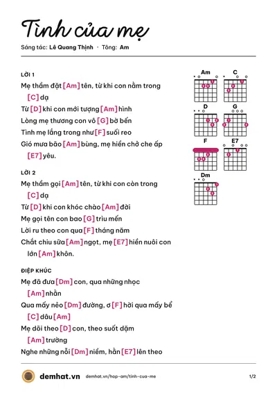 Hợp âm Tình của mẹ (Lê Quang Thịnh) – bản nhạc PDF trang 1, tông Am
