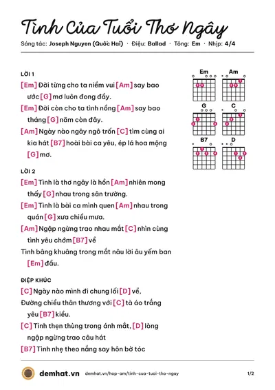Hợp âm Tình Của Tuổi Thơ Ngây (Kiều Oanh Nguyễn) – bản nhạc PDF trang 1, tông Em