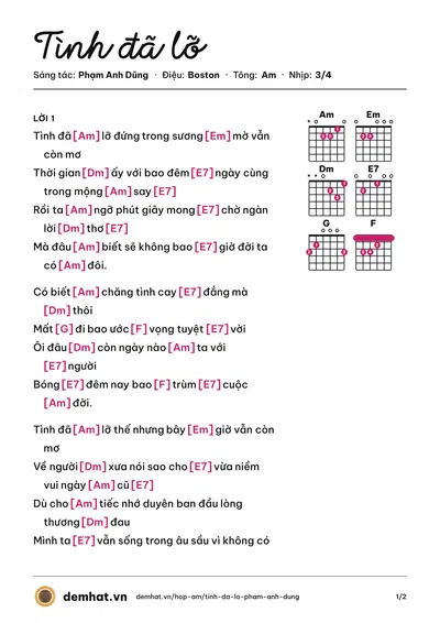 Hợp âm Tình đã lỡ (Minh Đạt) – bản nhạc PDF trang 1, tông Am