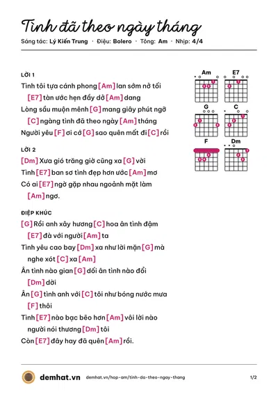 Hợp âm Tình đã theo ngày tháng (Tố My) – bản nhạc PDF trang 1, tông Am