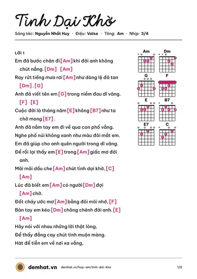 Hợp âm Tình Dại Khờ (Lý Hải) – bản nhạc PDF trang 1, tông Am