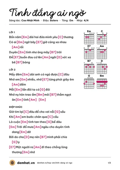 Hợp âm Tình đắng ai ngờ (Huỳnh Nguyễn Công Bằng) – bản nhạc PDF trang 1, tông Em