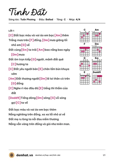 Hợp âm Tình Đất (Anh Thơ) – bản nhạc PDF trang 1, tông C