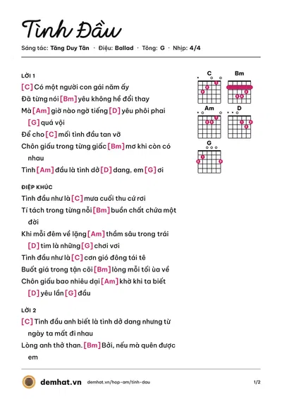 Hợp âm Tình Đầu (Tăng Duy Tân) – bản nhạc PDF trang 1, tông G