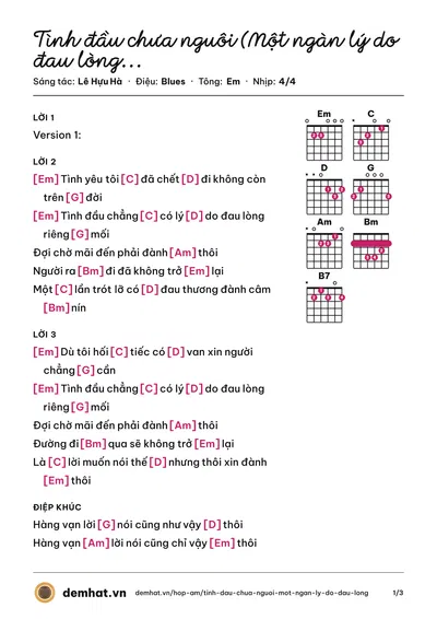 Hợp âm Tình đầu chưa nguôi (Một ngàn lý do đau lòng 一千个伤心的理由_ (Lê Hựu Hà) – bản nhạc PDF trang 1, tông Em
